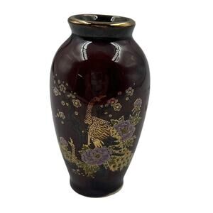 Vintage Miniature Peacock Japanese Vase CoBalt Gold Glazed Porcelain Mini Bud